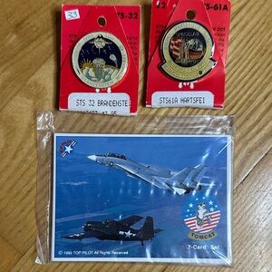 Space Shuttle Commemorative Pin Set and 7 Card Set of Tomcat Flight Top Pilot